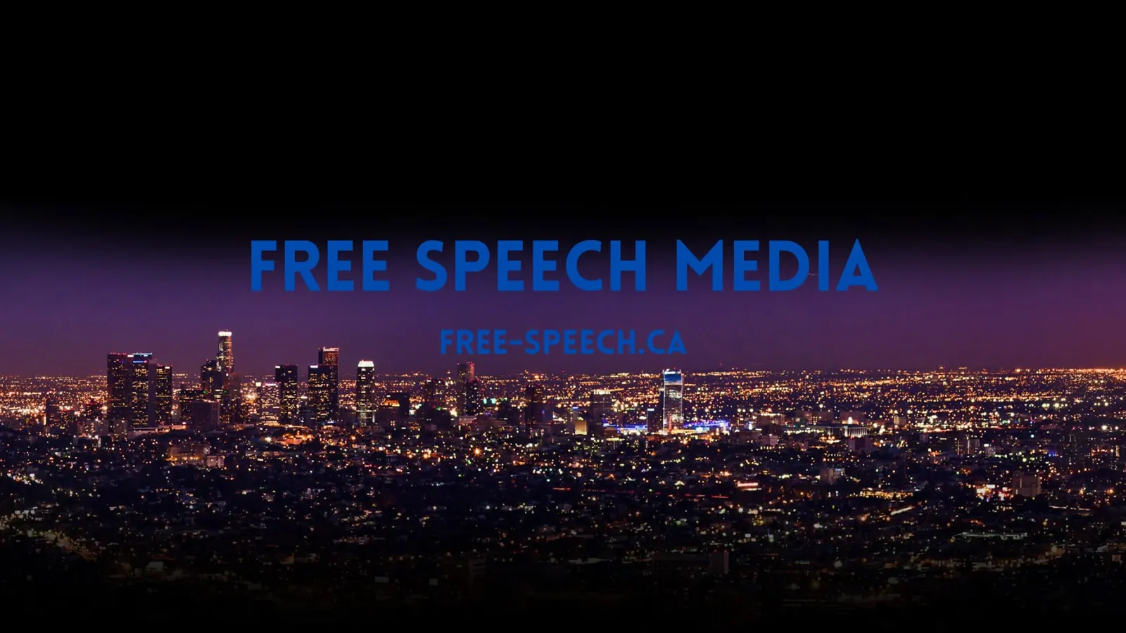 Free Speech Media, free-speech.ca, in glowing blue capitals over a night city skyline, the banner on the Facebook page